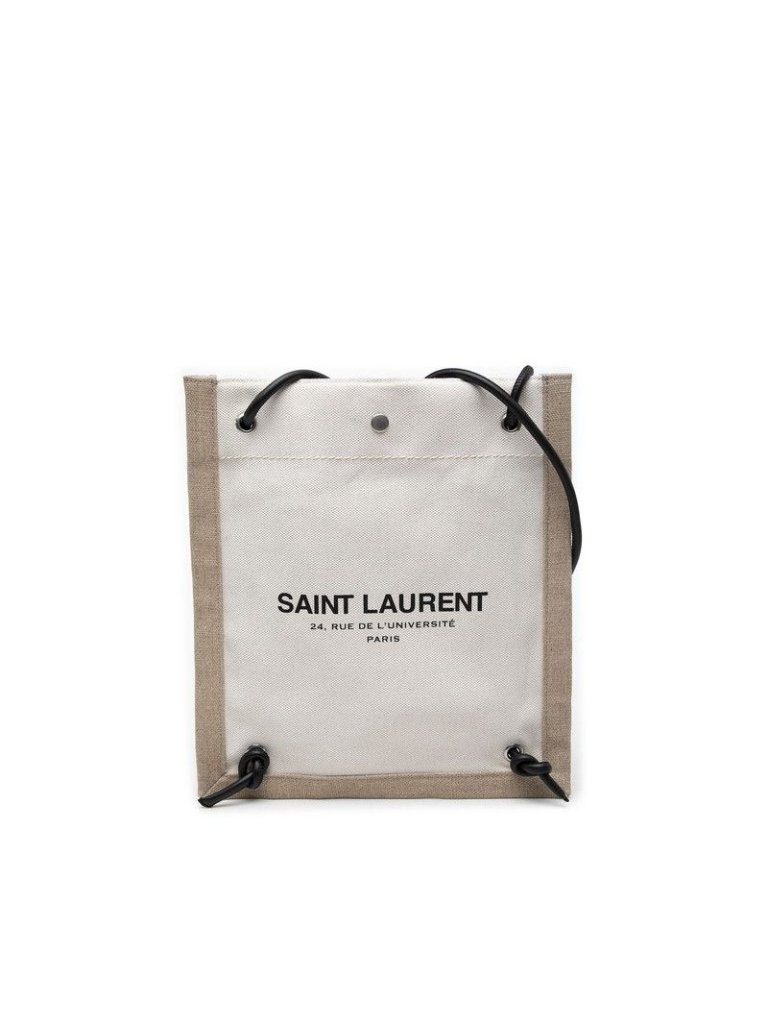 Saint Laurent Logo Cross Belt Bag Crossbody Knapp Sac Beige Black Canvas Leather